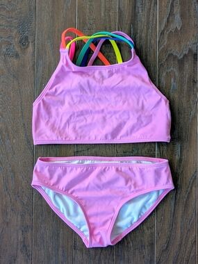 Mini Boden Pink Girls Swimsuit Bikini Set with Rainbow Crisscross Straps 7-8Y